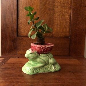 Vintage Green Frog Planter with Red Accent